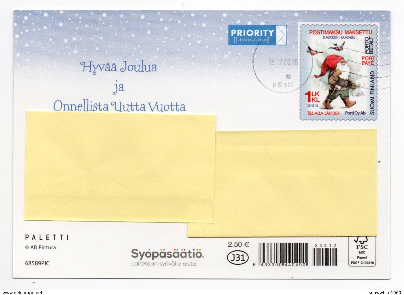 Postal Stationery CANCER FOUNDATION - FINLAND - Postage Paid 2016 - GNOMES / ELVES - STAMP GNOME & BULLFINCHES - Postwaardestukken