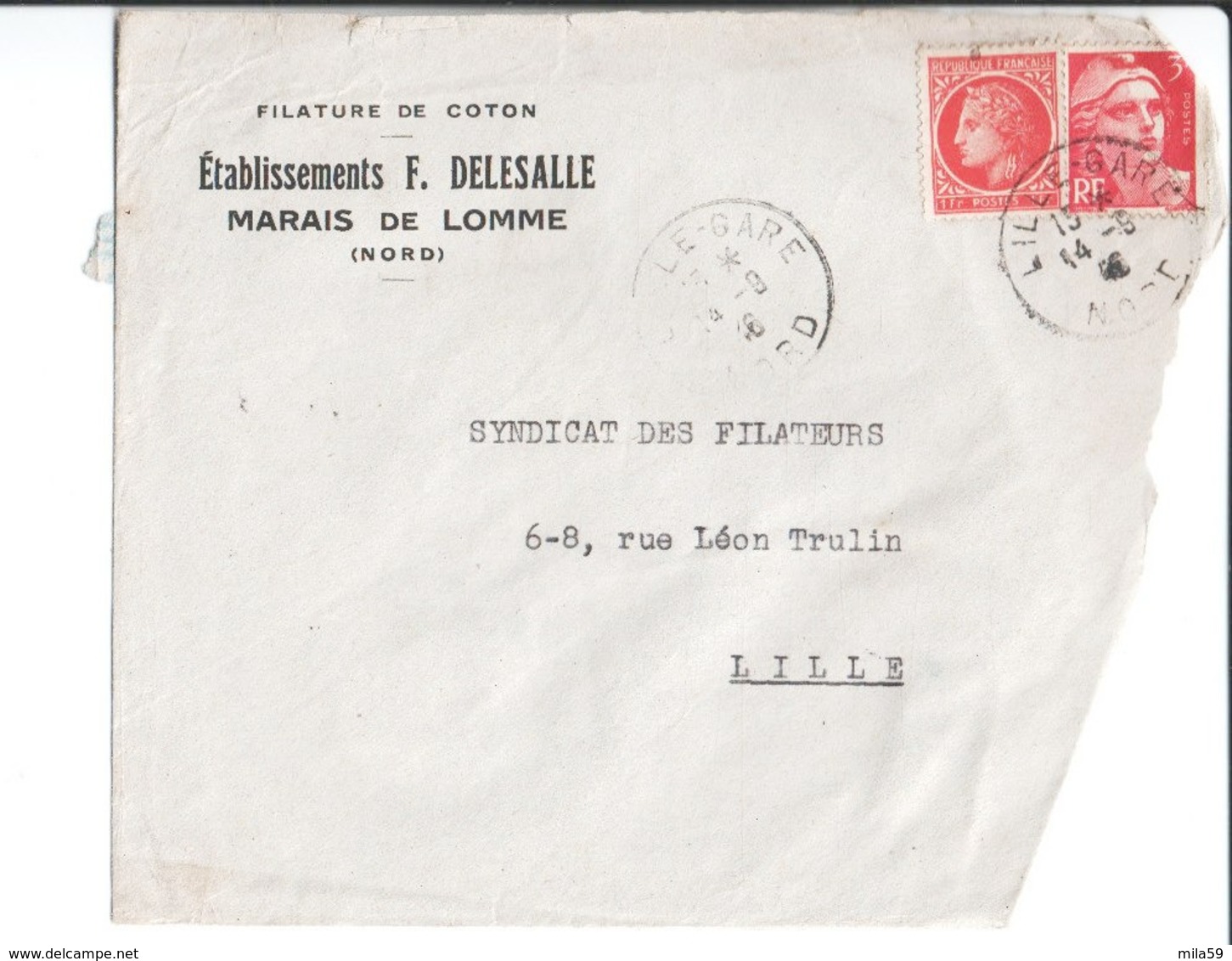 Entête Sur Enveloppe. Filature De Coton . Ets F. Delesalle Marais De Lomme à Syndicat Des Filateurs à Lille. 1946. - Lomme