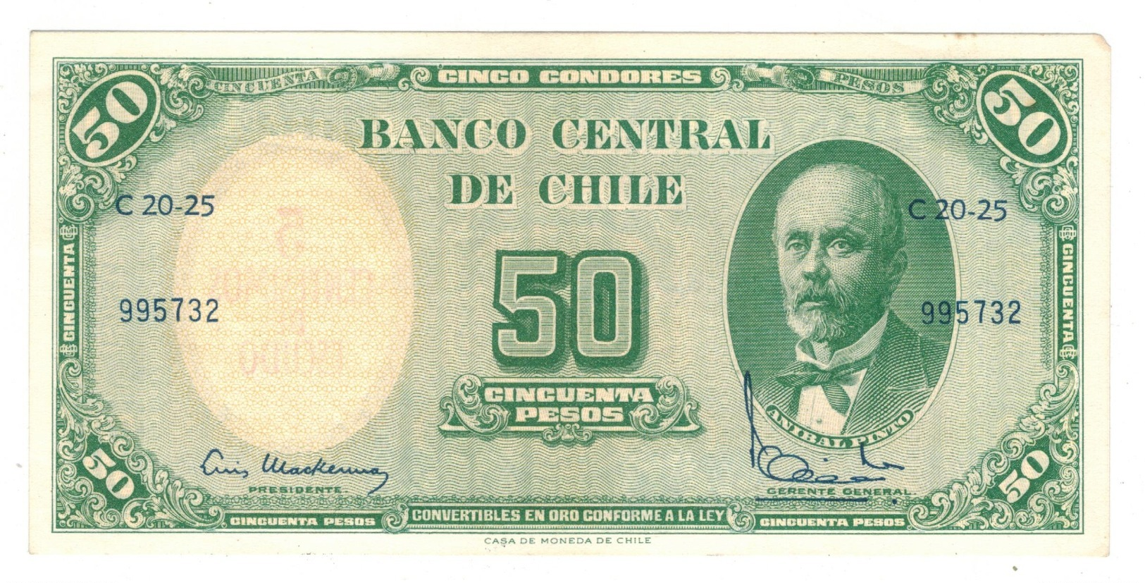 Chile, 5 Centesimos De Escudo On 50 Pesos. XF/AUNC. - Chili