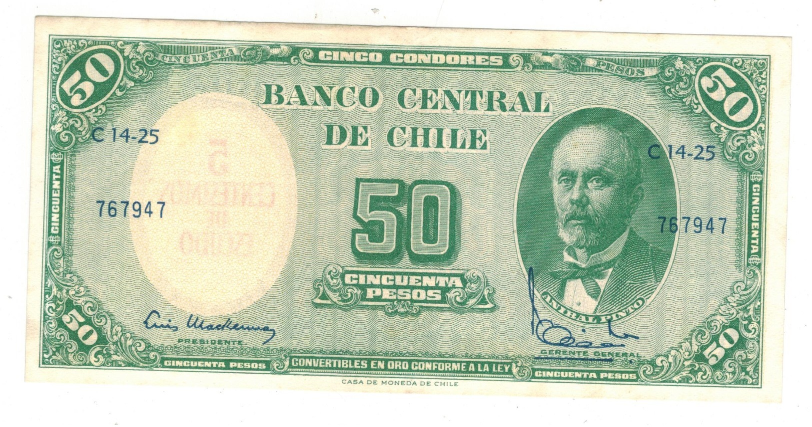 Chile, 5 Centesimos De Escudo On 50 Pesos. AUNC. - Chili