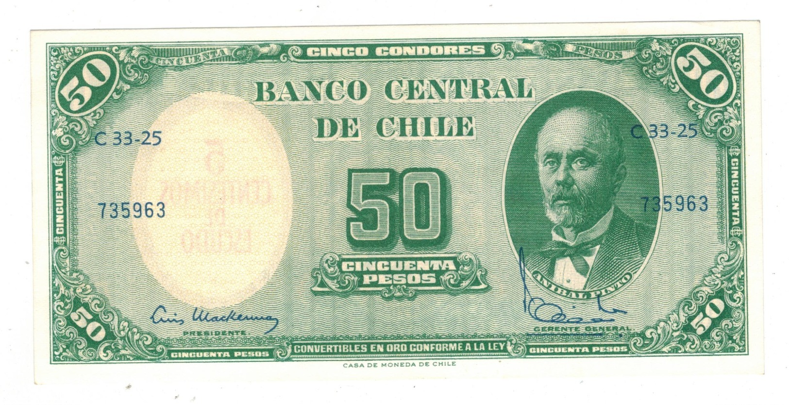 Chile, 5 Centesimos De Escudo On 50 Pesos. AUNC/UNC. - Chili