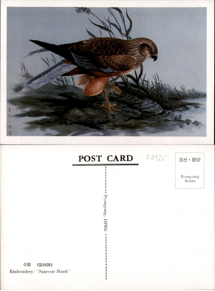 EMBROIDERY-SPARROW HAWK,KOREA,NORTH POSTCARD - Corea Del Nord