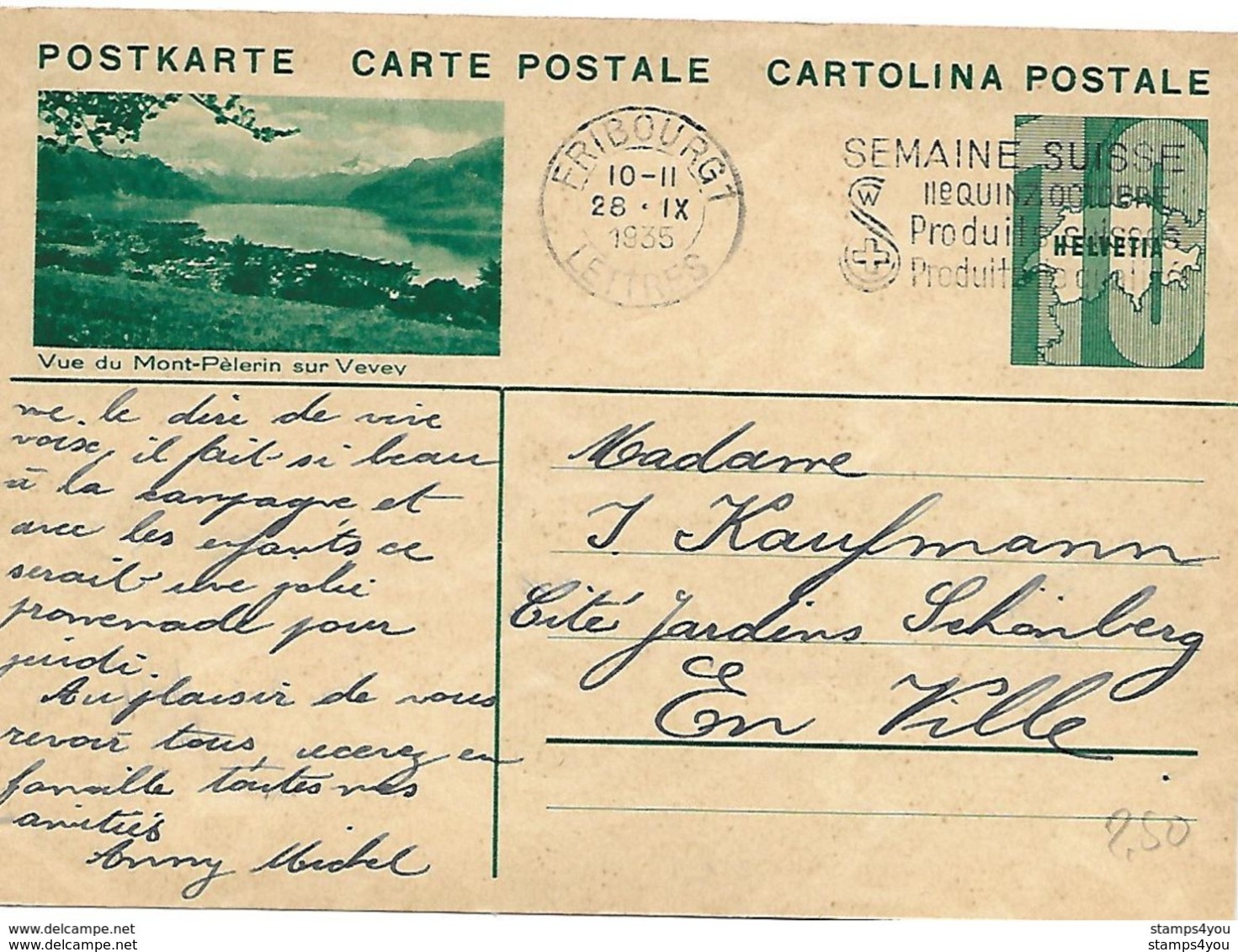 164 - 29 - Entier Postal Avec Illustration "Vue Du Mont Pélerin Sur Vevey" Oblit Mécanique 1935 - Interi Postali