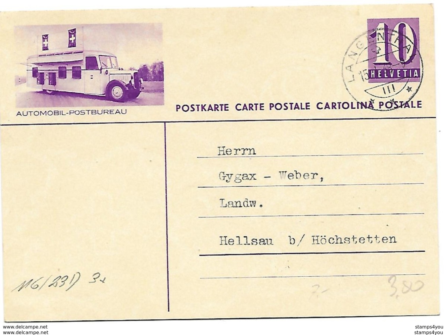 163 - 100 - Entier Postal Avec Illustration "Automobil-Postbureau" Superbe Cachet à Date Langenthal 1938 - Entiers Postaux