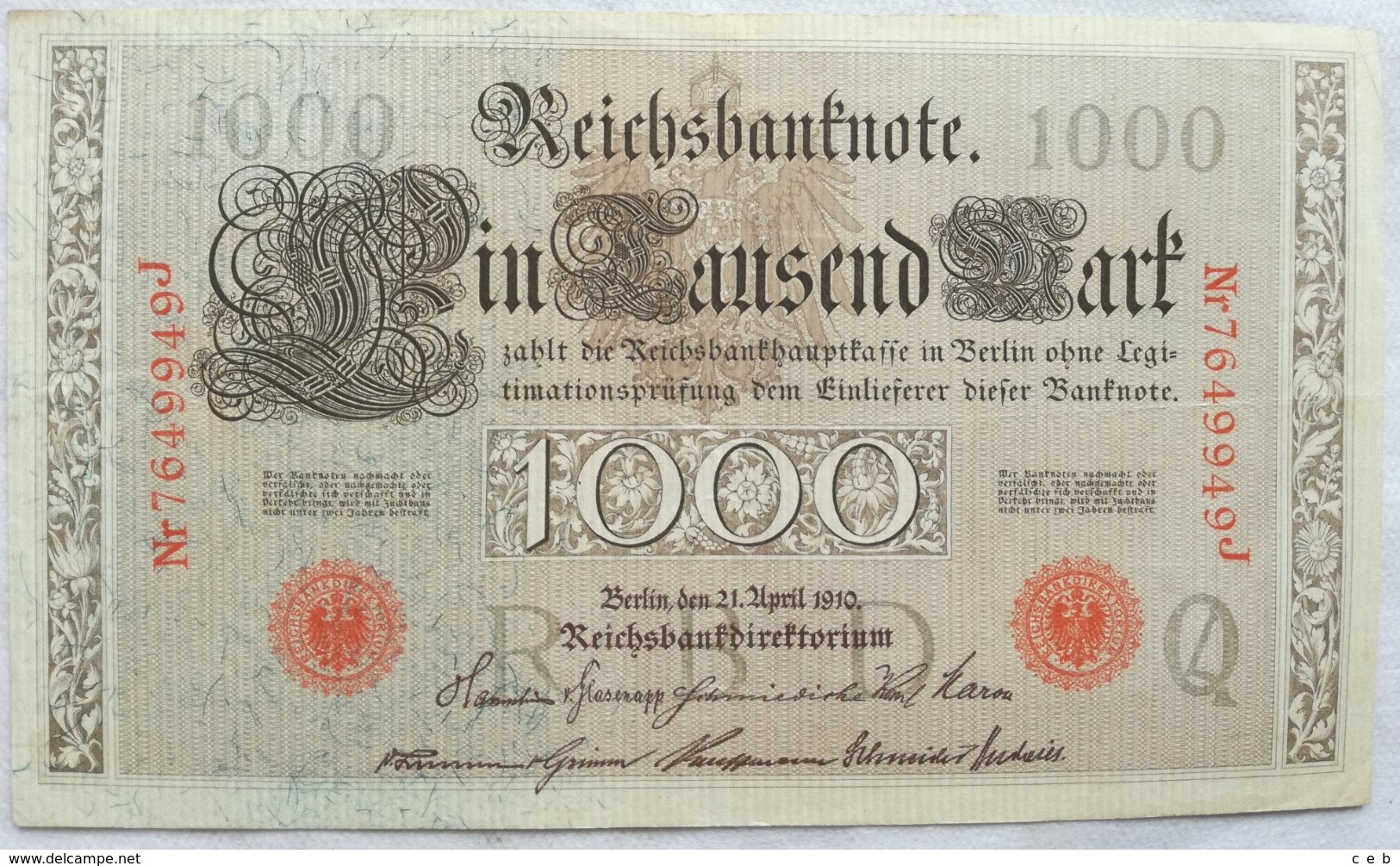 Billete Alemania. 1000 Marcos. 1910. Serie Roja. - 1.000 Mark