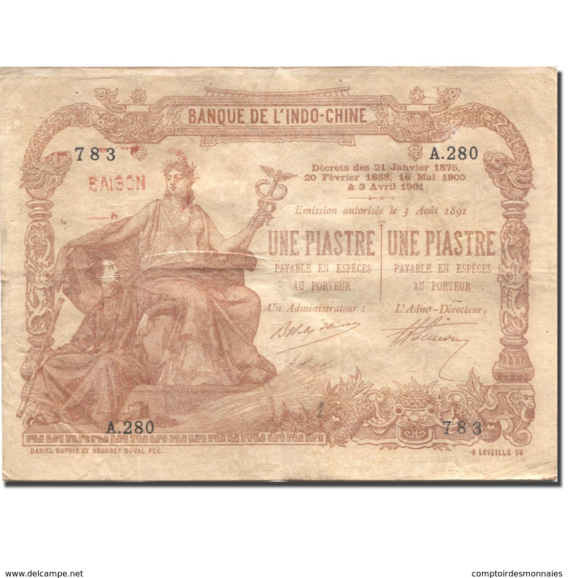 Billet, FRENCH INDO-CHINA, 1 Piastre, Undated (1903-1921), 1891-08-03, KM:34b - Indochina