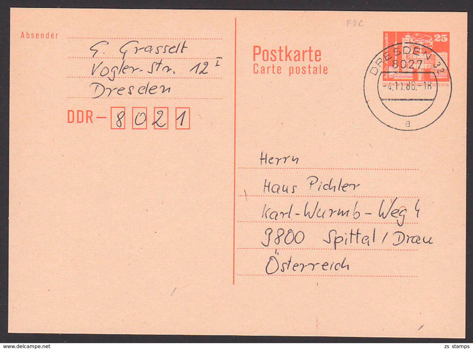 DDR Auslands-Ganzsache 25 Pfg. Berlin Mit Fernsehturm 4.11.86, P87I - Postales - Usados