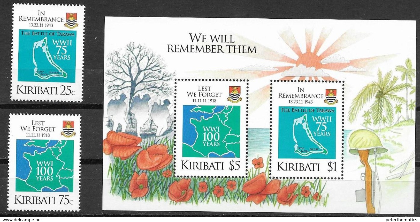 KIRIBATI , 2018, MNH, WWI, WWII, LEST WE FORGET, REMBERING THE FALLEN SOLDIERS OF THE TWO WORLD WARS,2v+SHEETLET - WW1