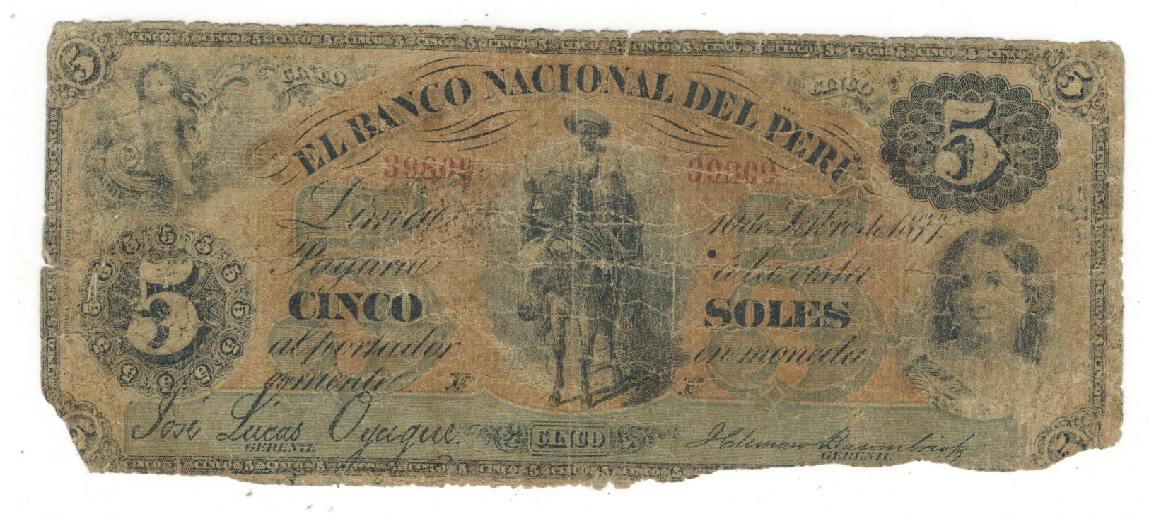 Peru 5 Soles 1877, Poor/G. Rare. - Peru