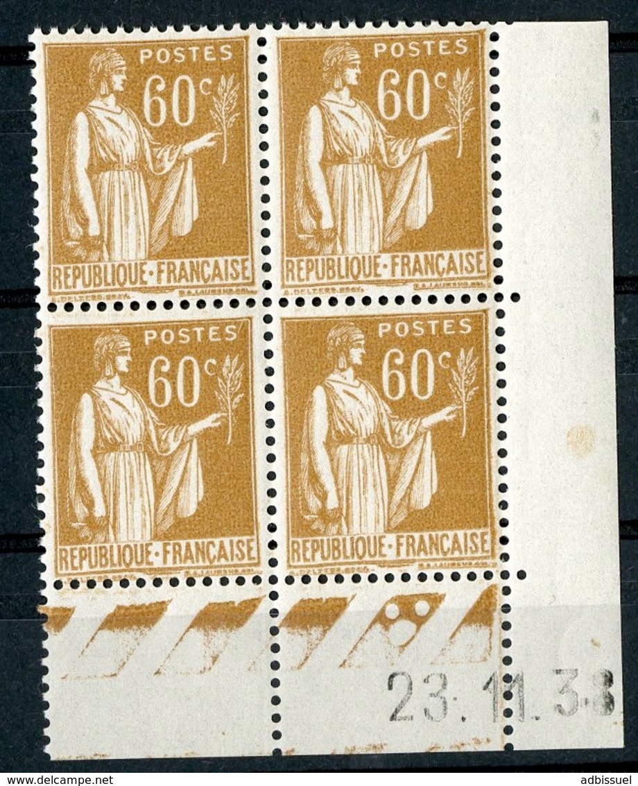 1938 / N° 364 PAIX X4 Bloc De Quatre Du 60ct Bistre Avec Coin Daté Du 23/11/38. Neufs Sans Charnières ** (MNH). TB - 1930-1939