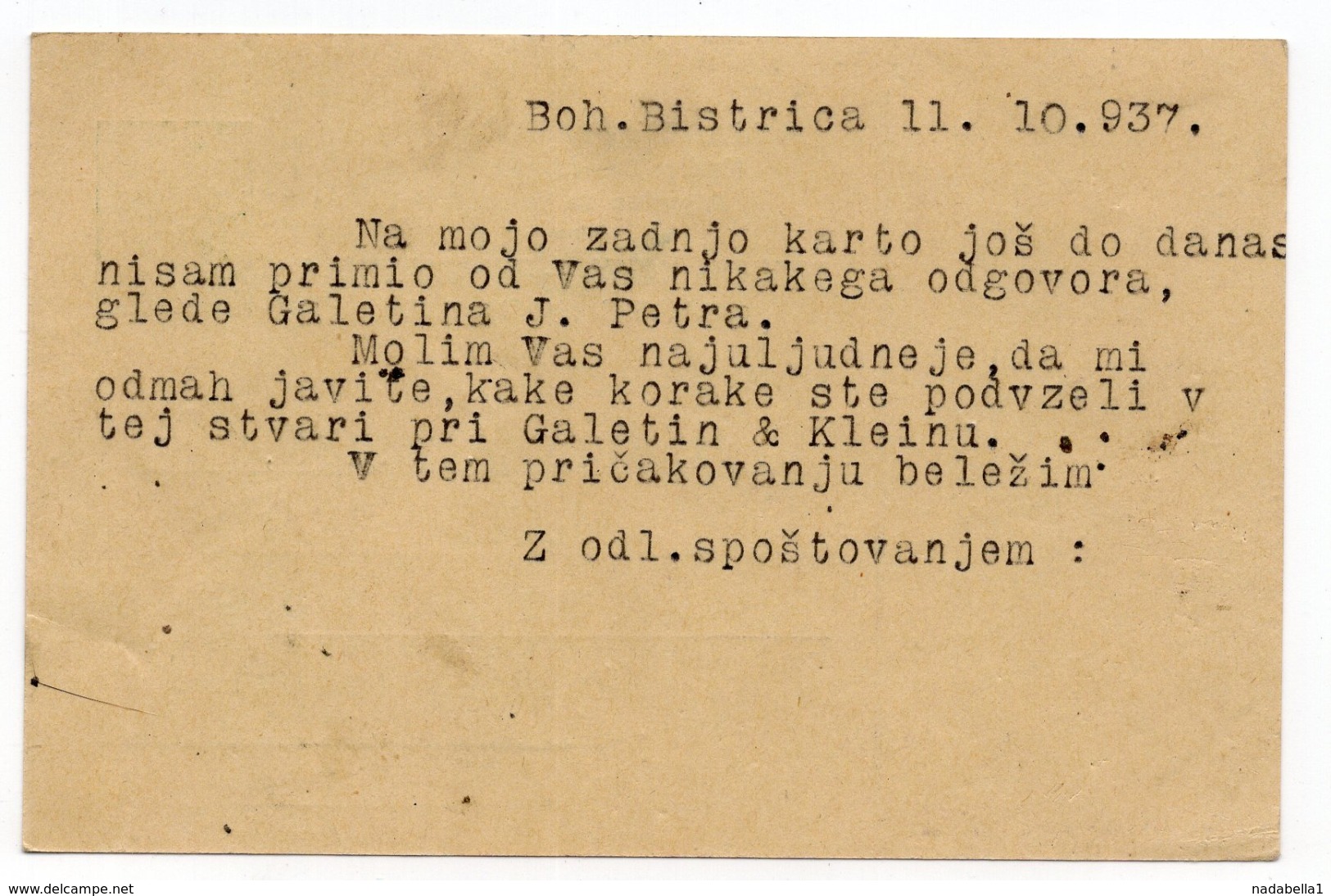 1937 YUGOSLAVIA, SLOVENIA, TPO 72  BOHINJSKA BISTRICA-LJUBLJANA, SENT TO PETROVGRAD, ZRENJANIN, STATIONERY CARD, USED - Entiers Postaux
