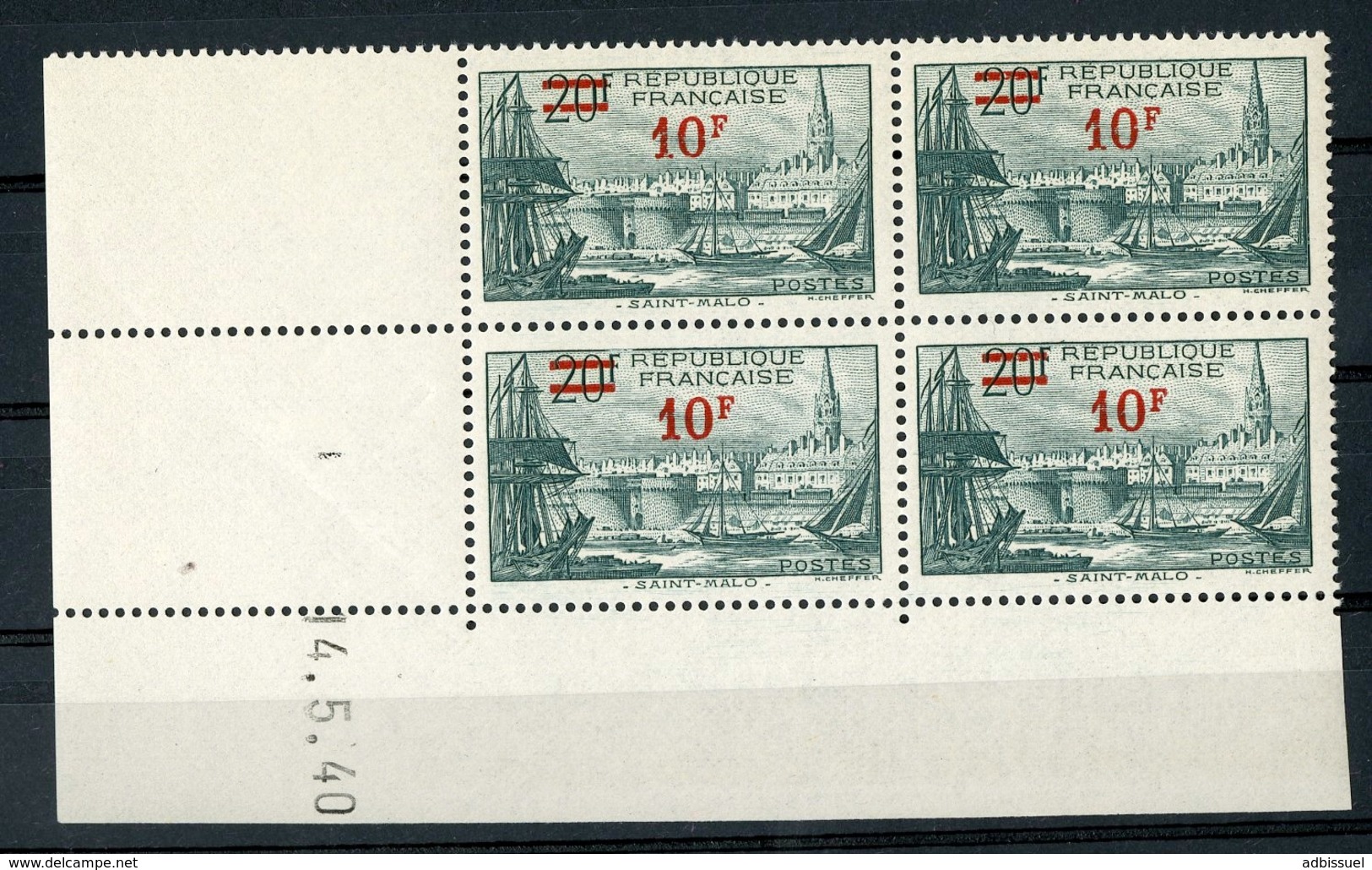 N° 492 ** (MNH). Cote 10 €. Coin Daté Du 14/5/40 / Bloc De Quatre "Port De Saint Malo" Surchargés. - 1940-1949