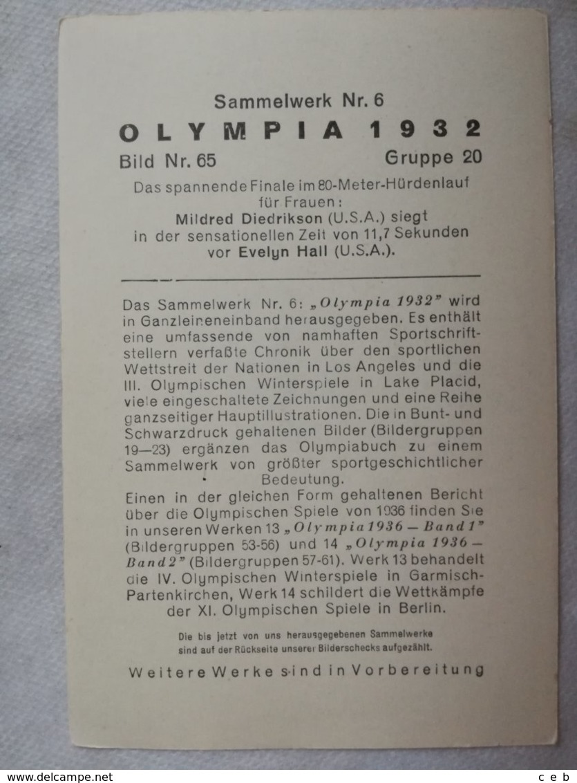 Foto Cromo Olimpiada De Los Ángeles. 1932. Nº 65. Atletismo, 80 Metros Femeninos USA, Mildred Diedrikson, Evelyn Hall - Tarjetas