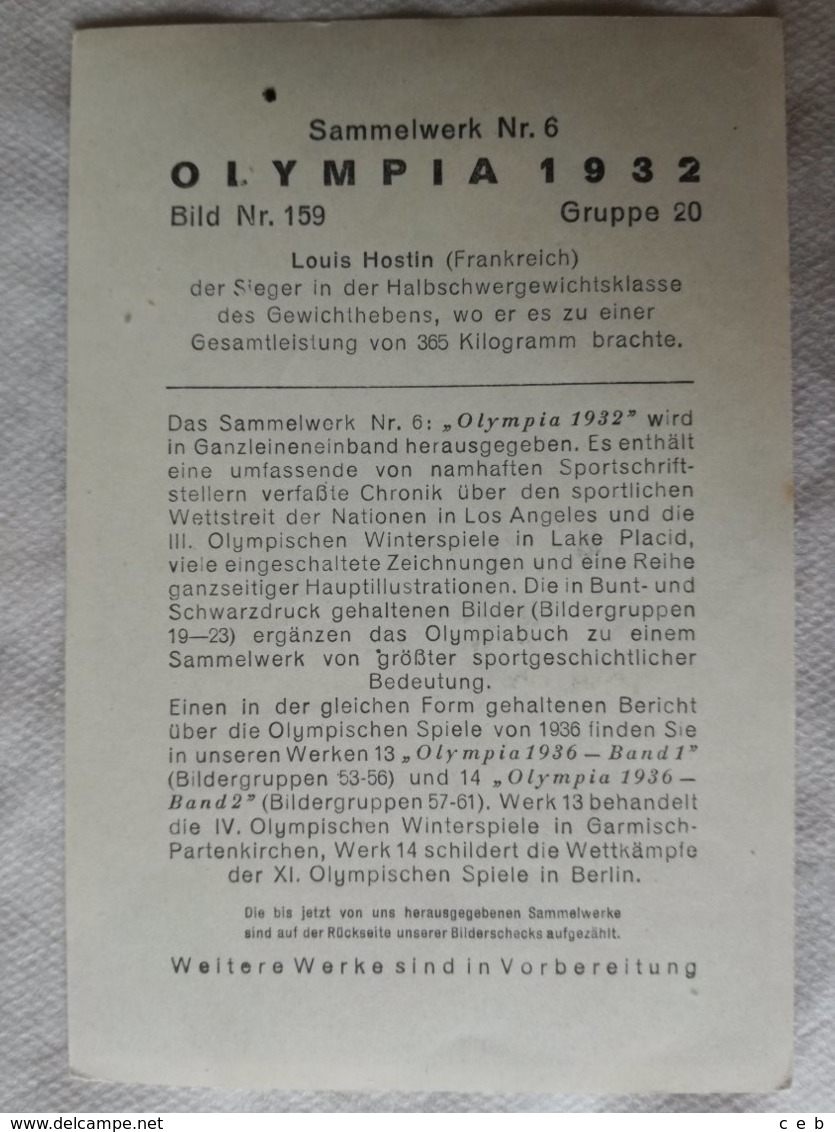 Foto Cromo Olimpiada De Los Ángeles. 1932. Nº 159. Halterofilia, Francia, Louis Hostin. Hecho En 1936 Olimpiada Berlín - Tarjetas