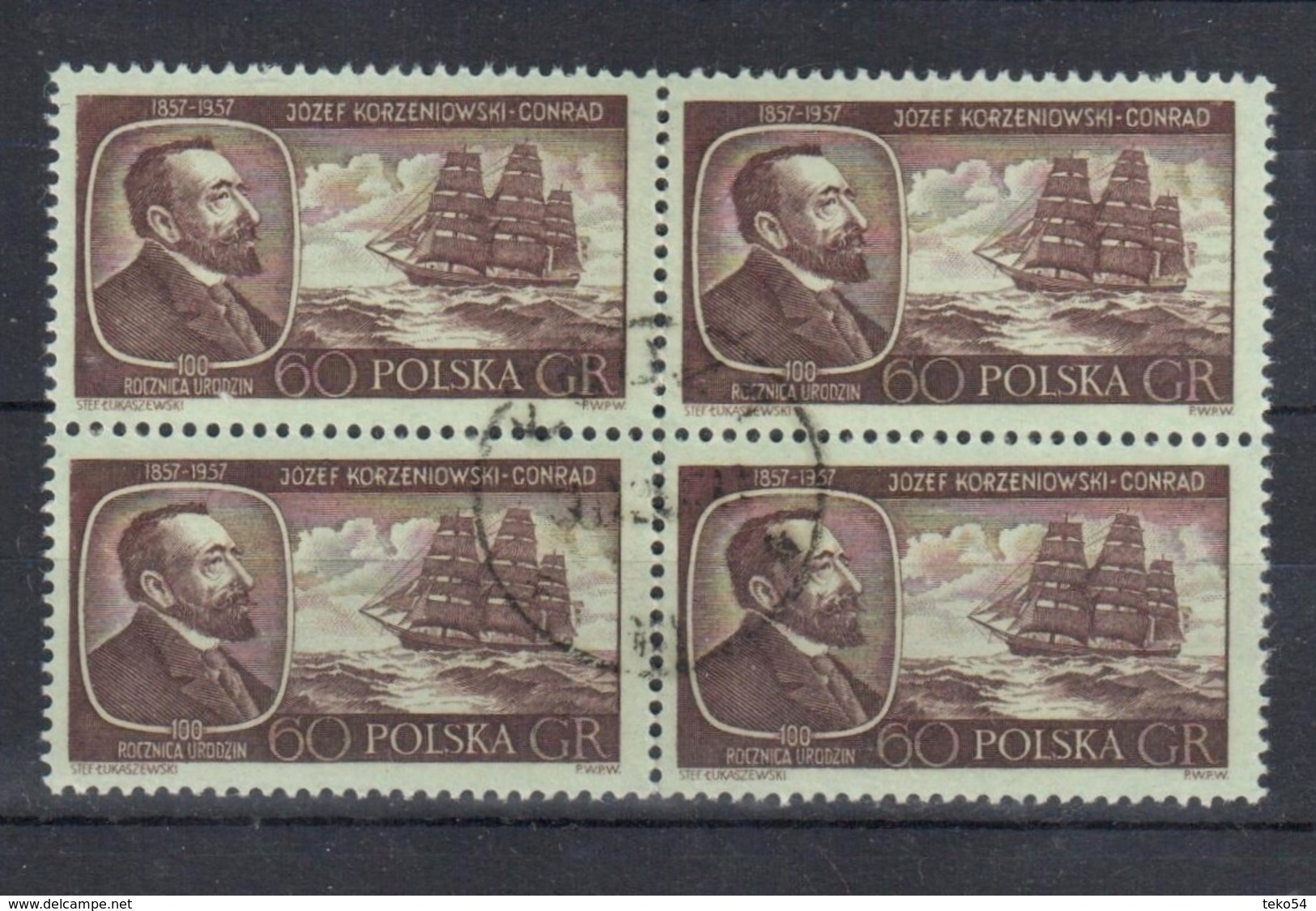 1957 Poland Polen Pologne : Mi.1043, Fi. 898, Vierer-Block, O Gestempelt , Joseph Conrad Korzeniowski, S. Scan - Gebraucht