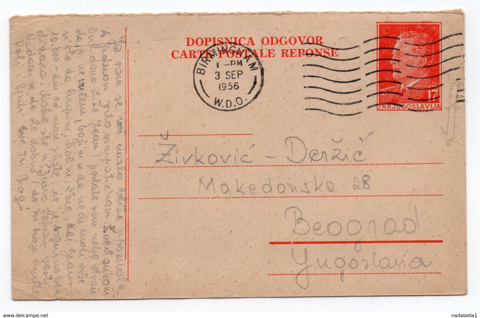 1956 YUGOSLAVIA, SERBIA, REPLAY CARD USED FROM UK, BIRMINGHAM TO BELGRADE, STATIONERY CARD, USED - Entiers Postaux