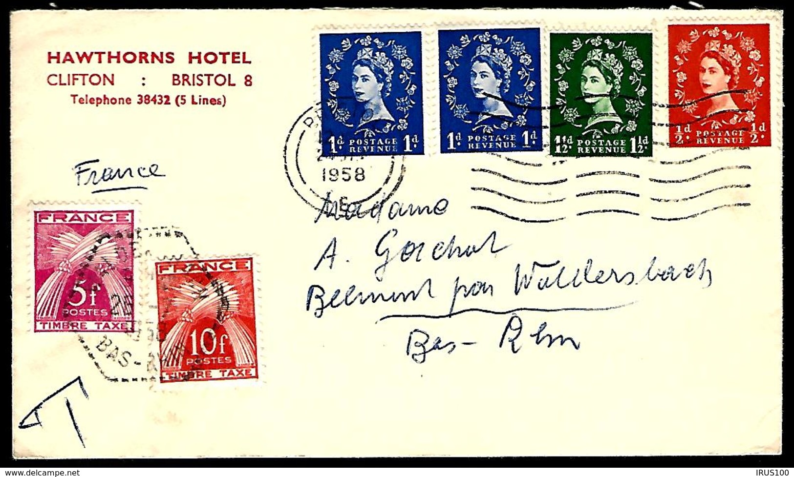 LETTRE EN PROVENANCE DE BRISTOL - 1958 - POUR WALDERSBACH - TAXE POUR LA FRANCE - - Storia Postale