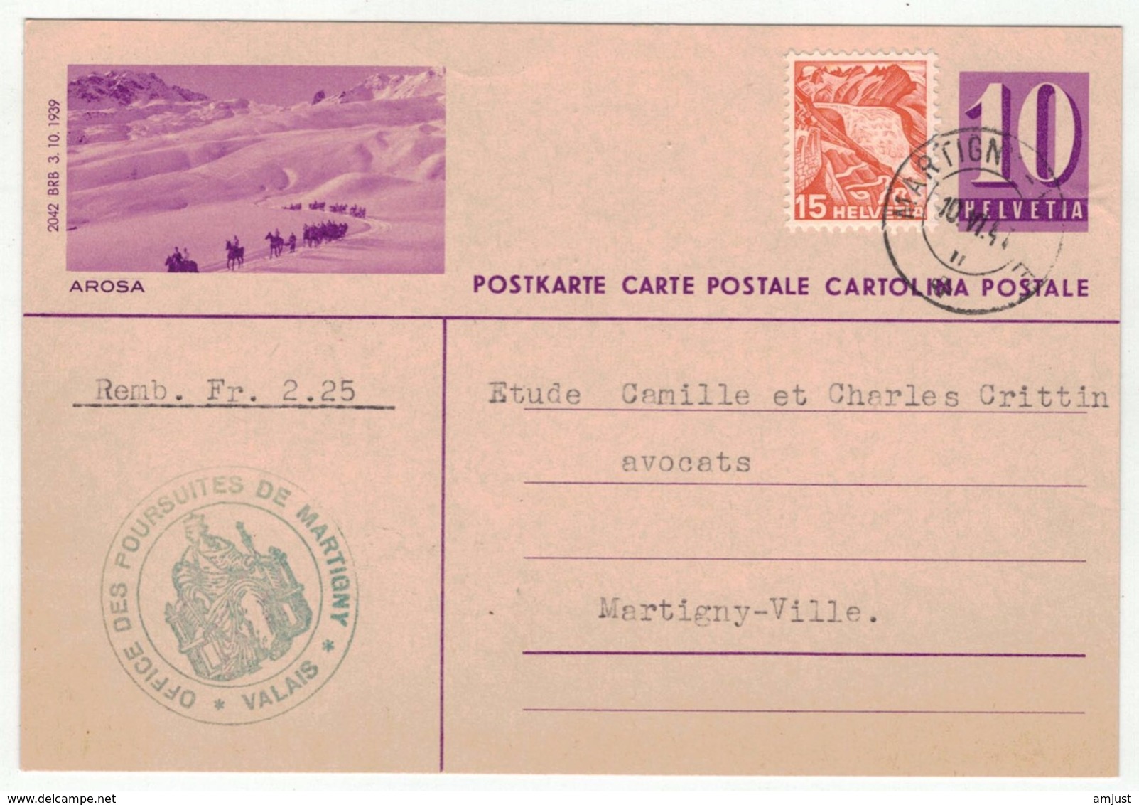 Suisse // Schweiz // Switzerland //  Entier Postaux // Entier Postal Pour Martigny Le 10.06.1941 (image Arosa) - Stamped Stationery