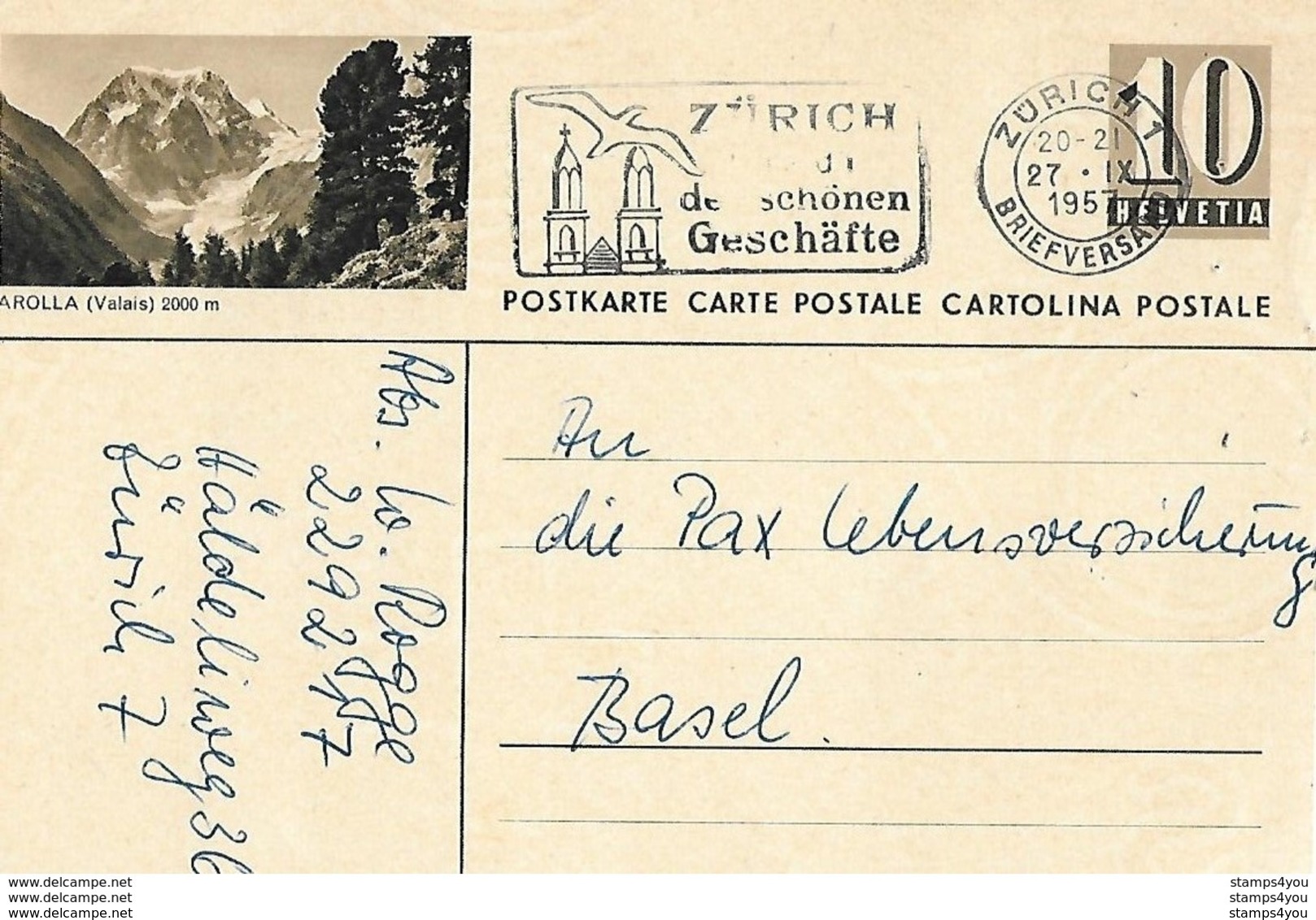 93 - 96 - Entier Postal Avec Illustration "Arolla (Valais) Oblit Mécanique 1957 Zürich - Interi Postali