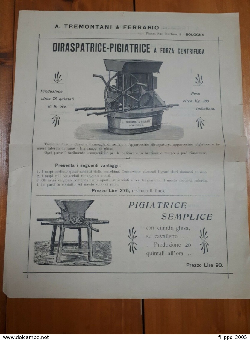 1904 PUBBLICITA' ENOLOGIA DIRASPATRICI PIGIATRICI TORCHIO VINO - BOLOGNA - Advertising