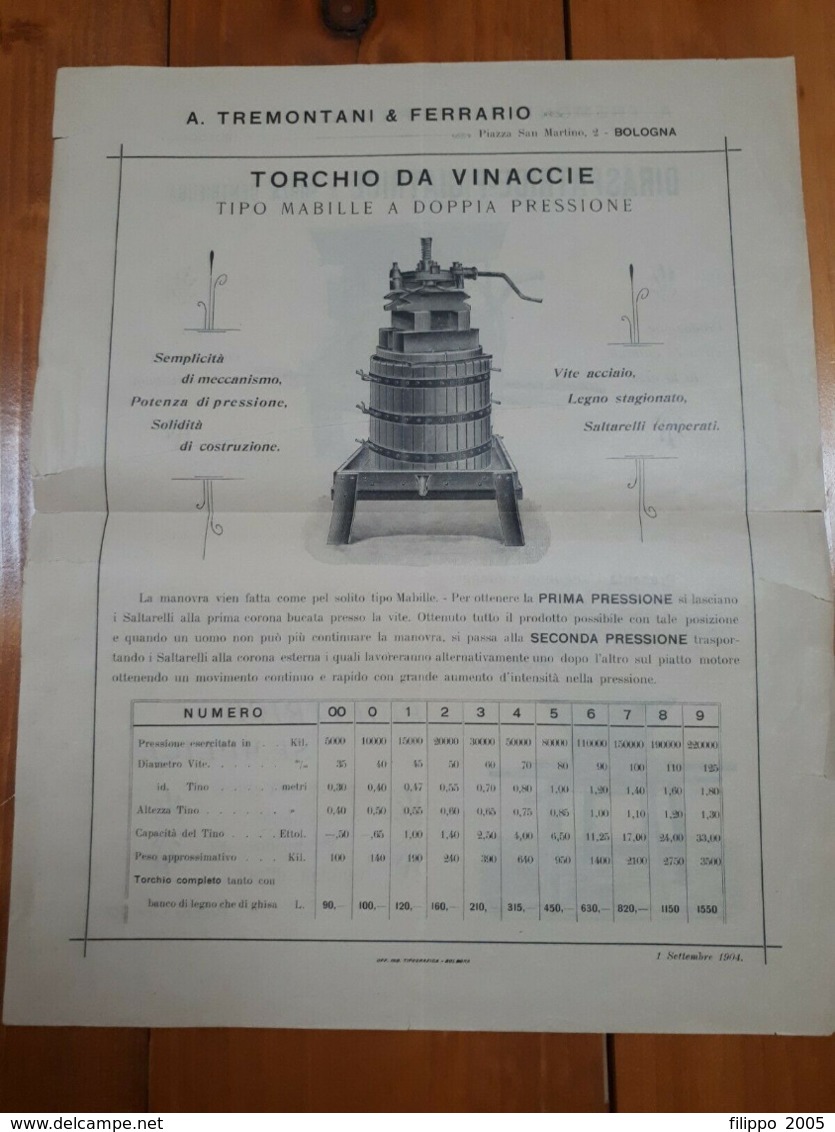 1904 PUBBLICITA' ENOLOGIA DIRASPATRICI PIGIATRICI TORCHIO VINO - BOLOGNA - Advertising