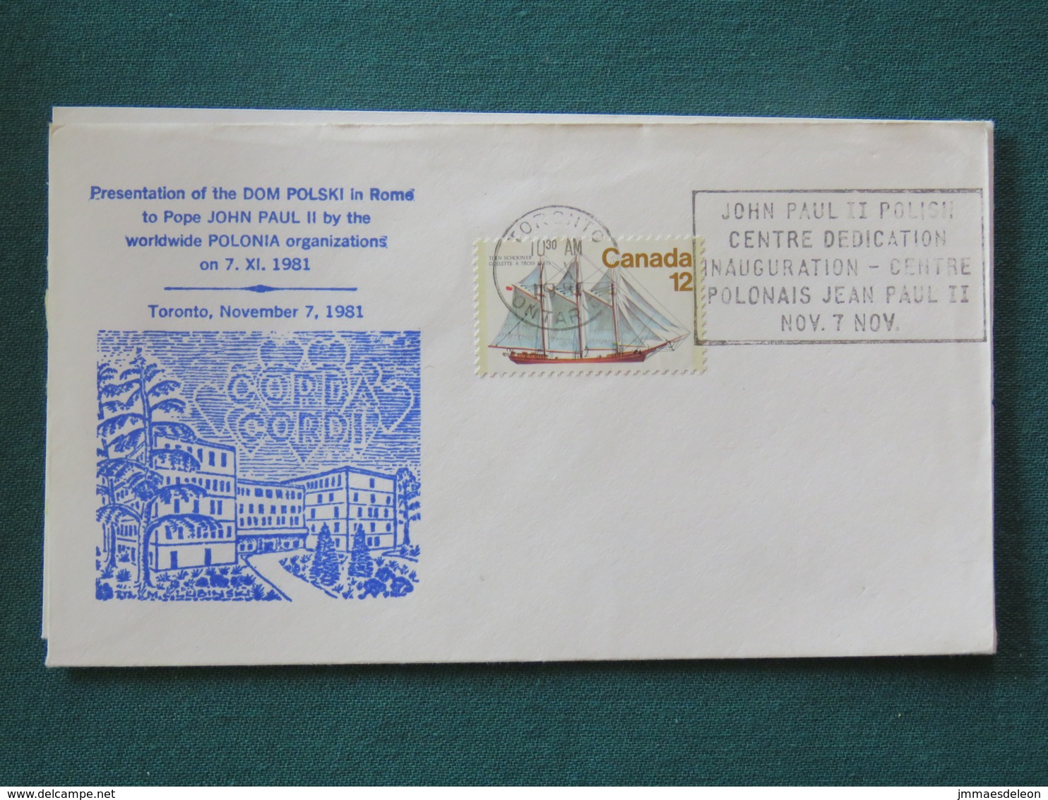 Canada 1981 Special Cancel On Cover - John Paul II Polish Centre Dedication - Pope - Ship - Cartas & Documentos