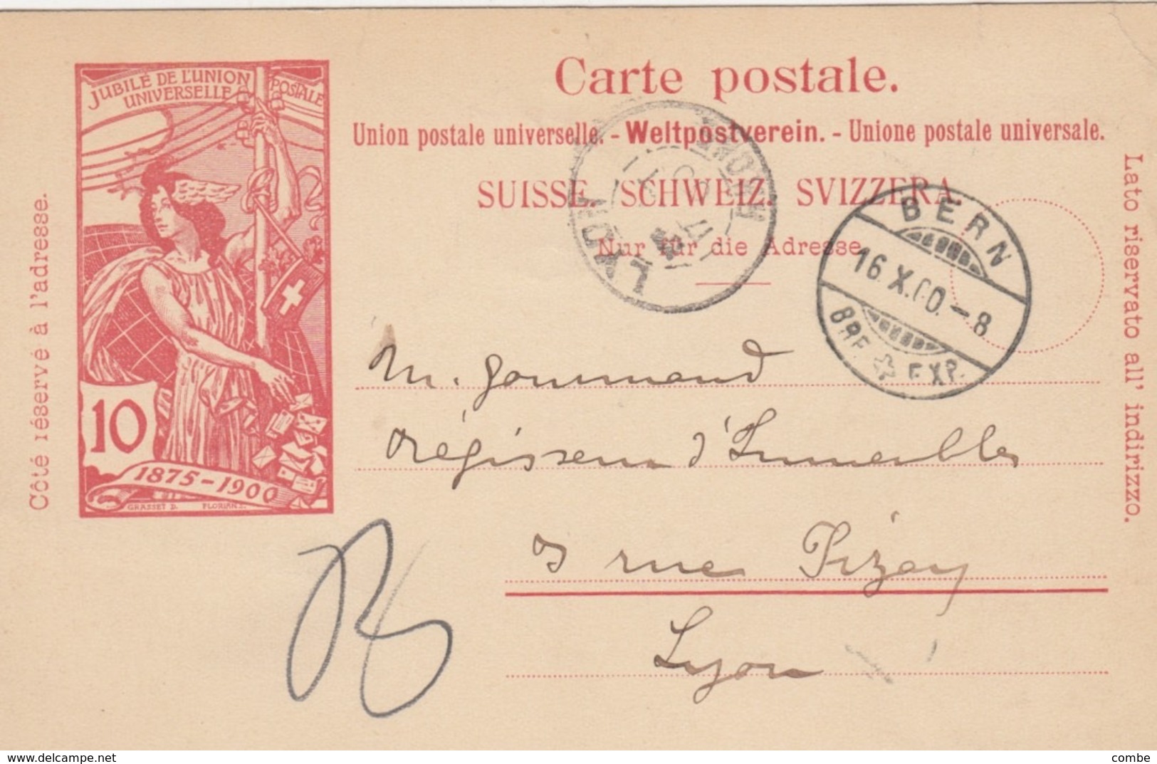 CARTE-POSTALE ENTIER  UPU 10c. 16 10 1900. BERN POUR LYON  / 3 - Postwaardestukken