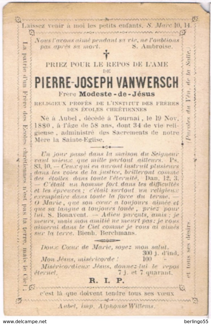 Priez Pour. Vanwersch Pierre. Frére Modeste-de-Jésus. ° Aubel 1822 &dagger; Tournai 1880  (2 Scan's) - Religion & Esotérisme