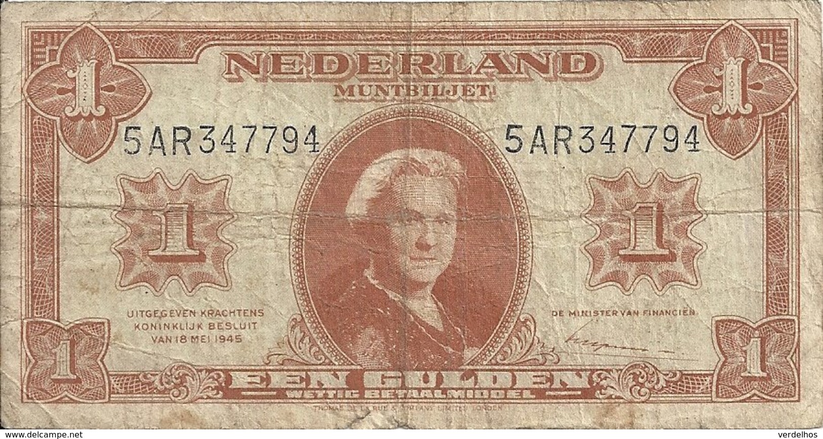 PAYS-BAS 1 GULDEN 1945 VG+ P 70 - 1 Gulden