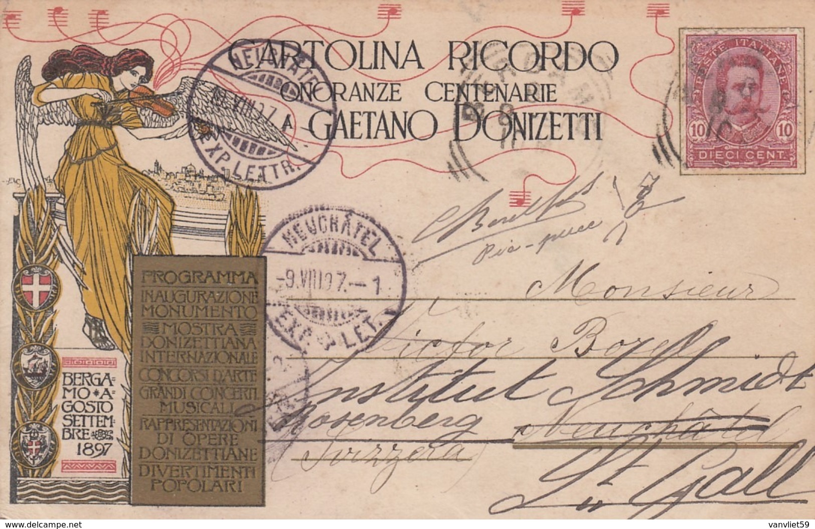 BERGAMO-ONORANZE CENTENARIE A GAETANO DONIZETTI-CARTOLINA RICORDO-VIAGGIATA IL 9-8-1897 - Bergamo