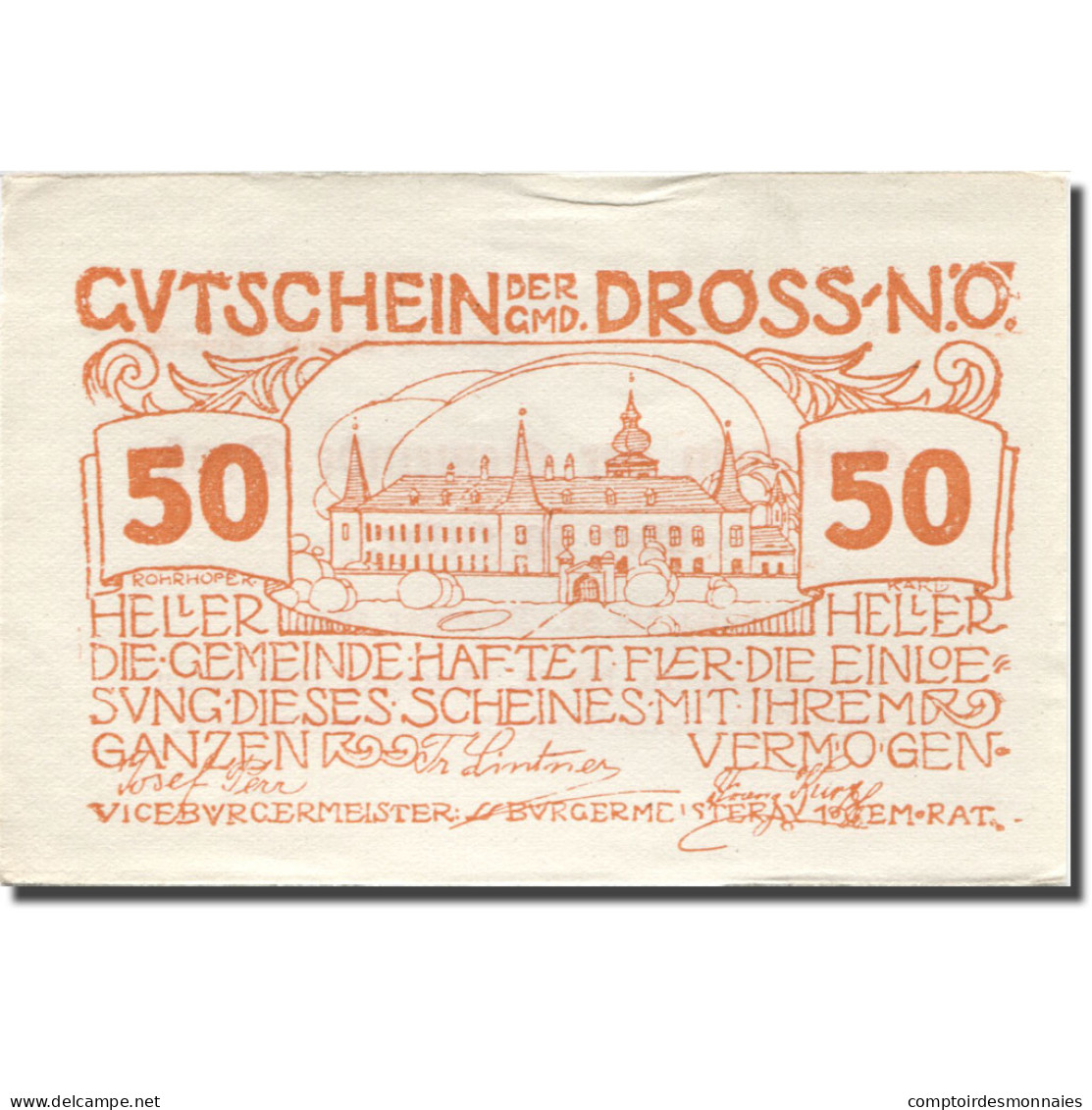 Billet, Autriche, Dross, 50 Heller, Château 1920-12-31, SUP Orange Mehl:FS 135.1 - Austria