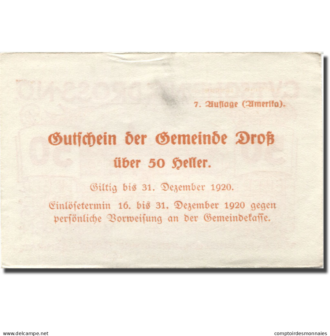 Billet, Autriche, Dross, 50 Heller, Château 1920-12-31, SUP Orange Mehl:FS 135.1 - Austria