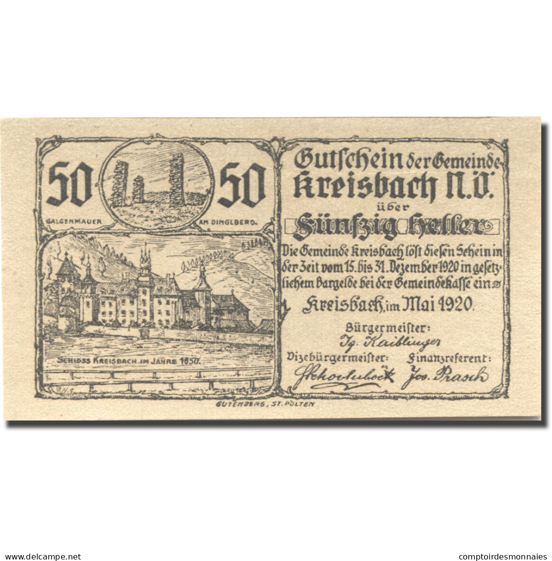 Billet, Autriche, Kreisbach, 50 Heller, Chateau 1, 1920-12-31, SPL Mehl:FS 386 - Austria