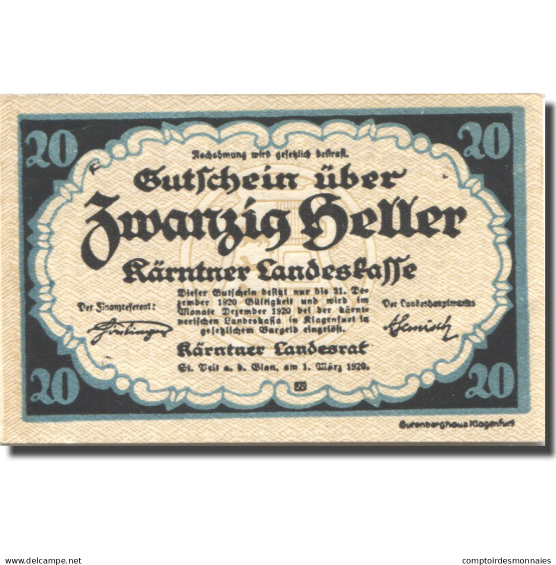 Billet, Autriche, Landesrat, 20 Heller, Blason 1920-03-01, SPL, Mehl:FS 427 - Austria
