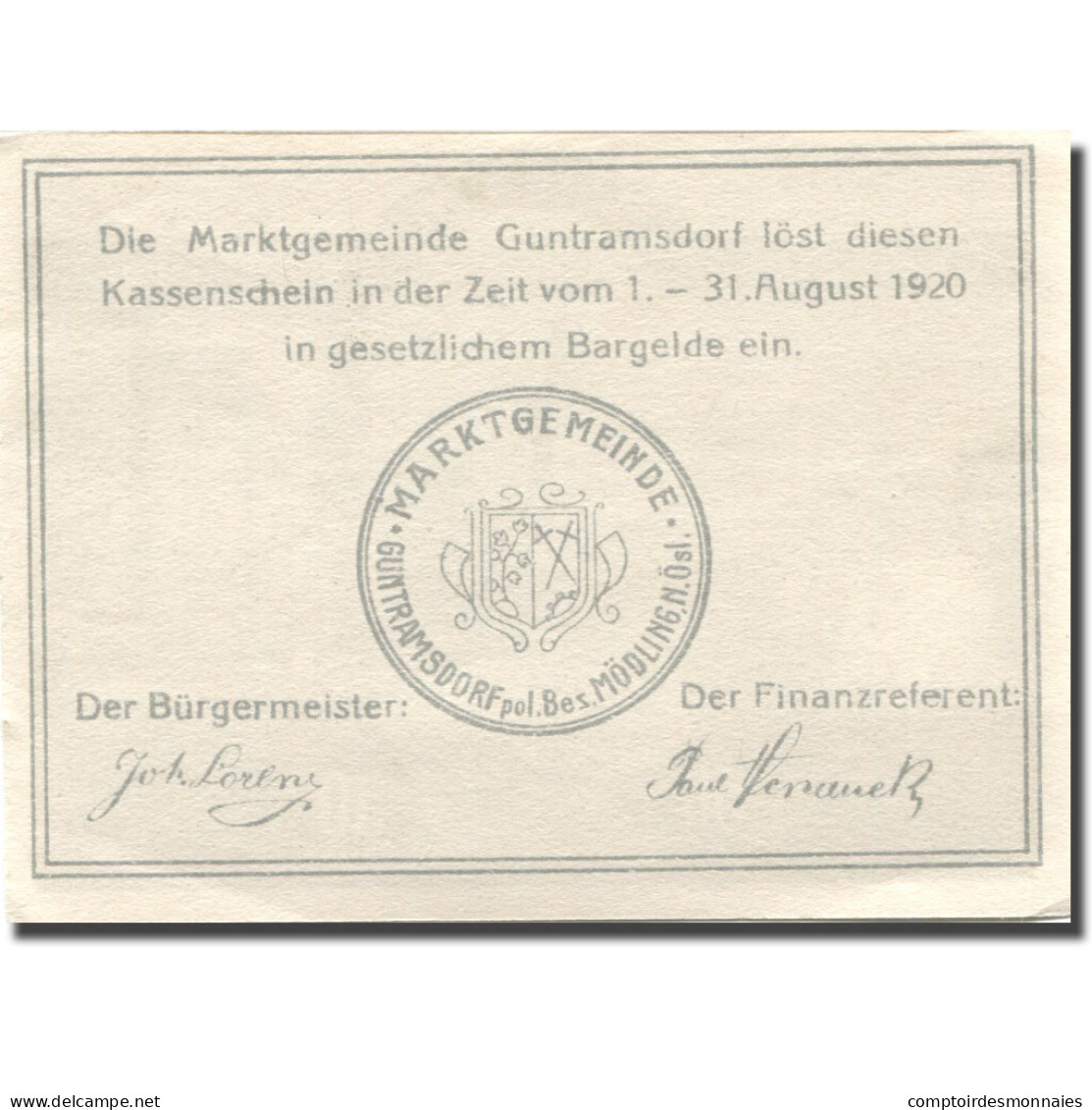 Billet, Autriche, Guntramsdorf, 50 Heller, Usine 1920-08-31, SPL Mehl:FS 310c - Austria