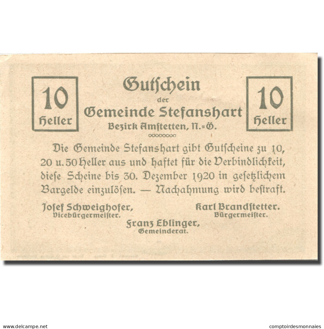 Billet, Autriche, Stefanshart, 10 Heller, Monument, 1920, SPL Mehl:FS 1013a - Austria