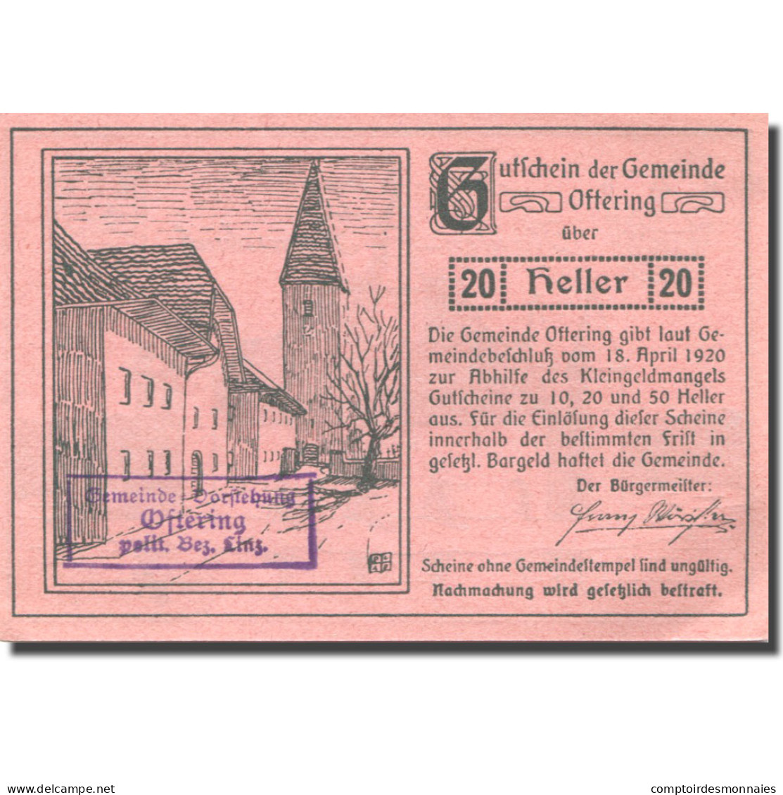 Billet Autriche Oftering 20 Heller, Château 1, 1920-04-18 SPL Rose Mehl:FS 706c - Austria