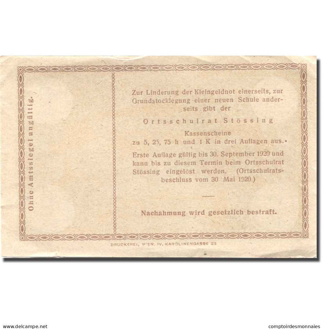 Billet, Autriche, Stössing, 1 Krone, Paysage 1920-09-30, SUP, Mehl:FS 1040 - Oesterreich