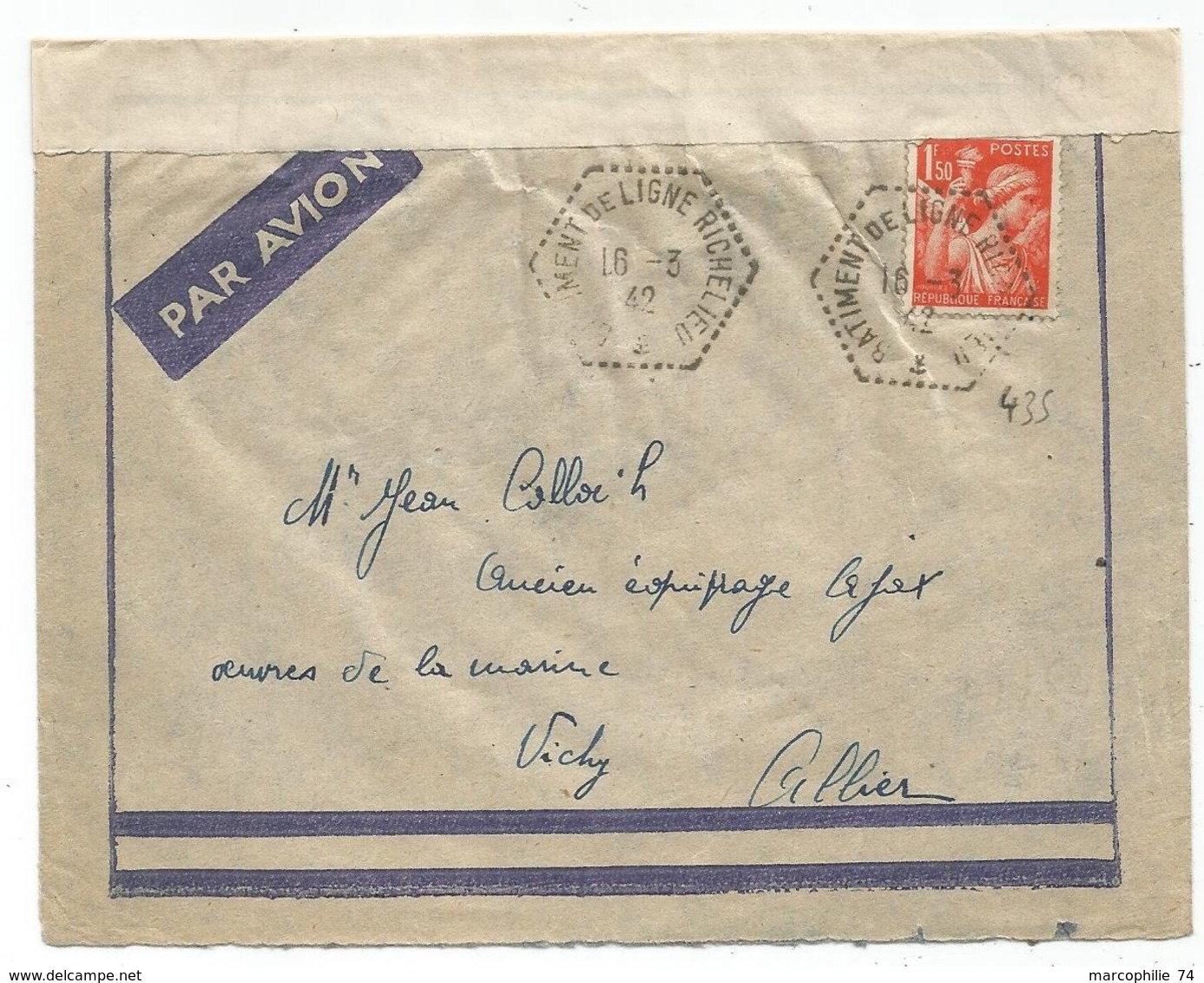 IRIS 1FR50 ORANGE LETTRE AVION  C. HEX PERLE BATIMENT DE LIGNE RICHELIEU 16.3.1942 POUR VICHY + BANDE - Seepost