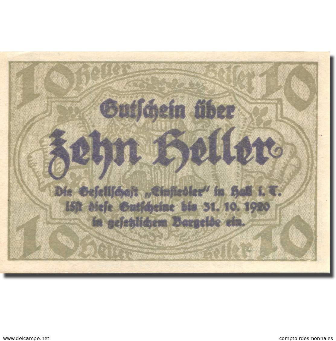 Billet, Autriche, Hall, 10 Heller, Château, 1920, 1920-10-31, SPL, Mehl:FS 343a - Austria