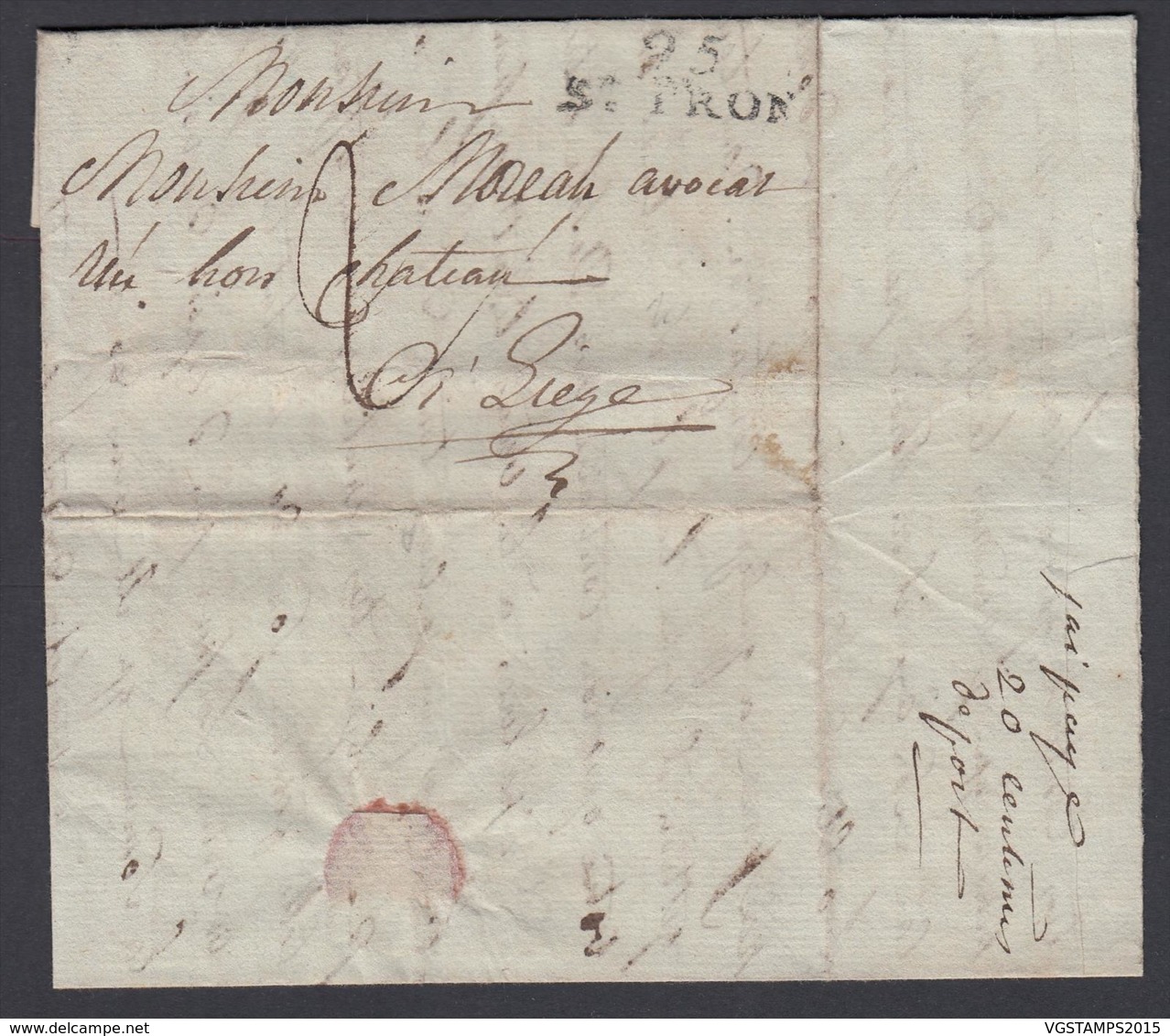 BELGIQUE LETTRE DE SAINT-TROND 12/01/1814 GRIFFE"95 / ST TRON" (30X11) VERS LIEGE TAXE(DD) DC-4439 - 1815-1830 (Dutch Period)