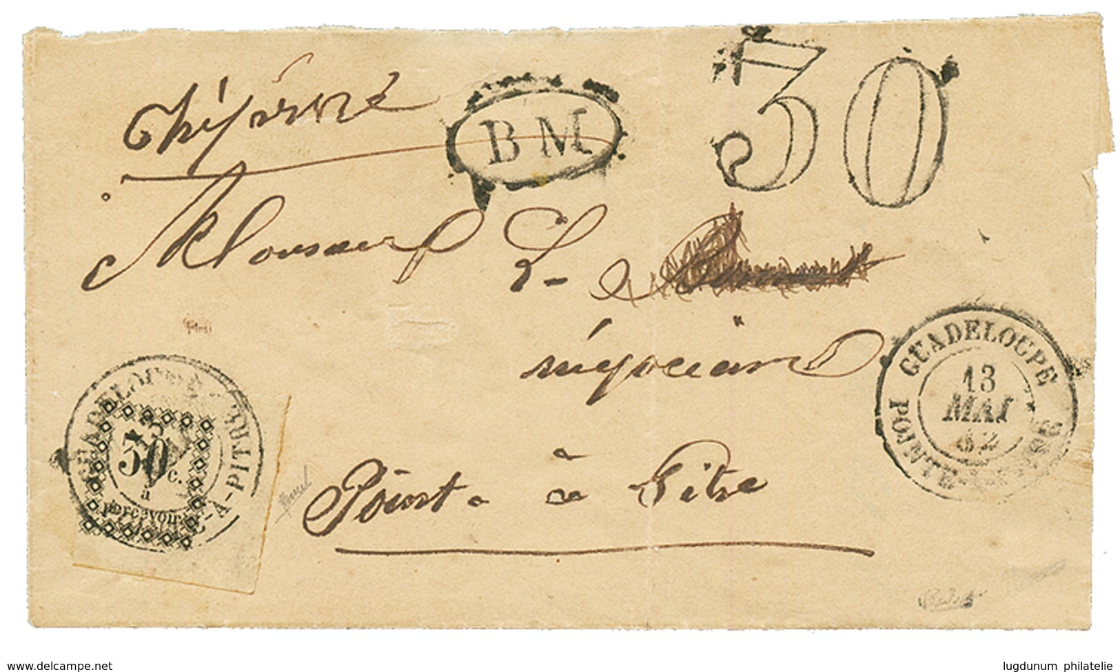 1882 30c TAXE (n°5) Coin De Feuille + Taxe 30 D.T + B.M Sur Lettre Pour POINTE-A-PITRE. Superbe. - Other & Unclassified