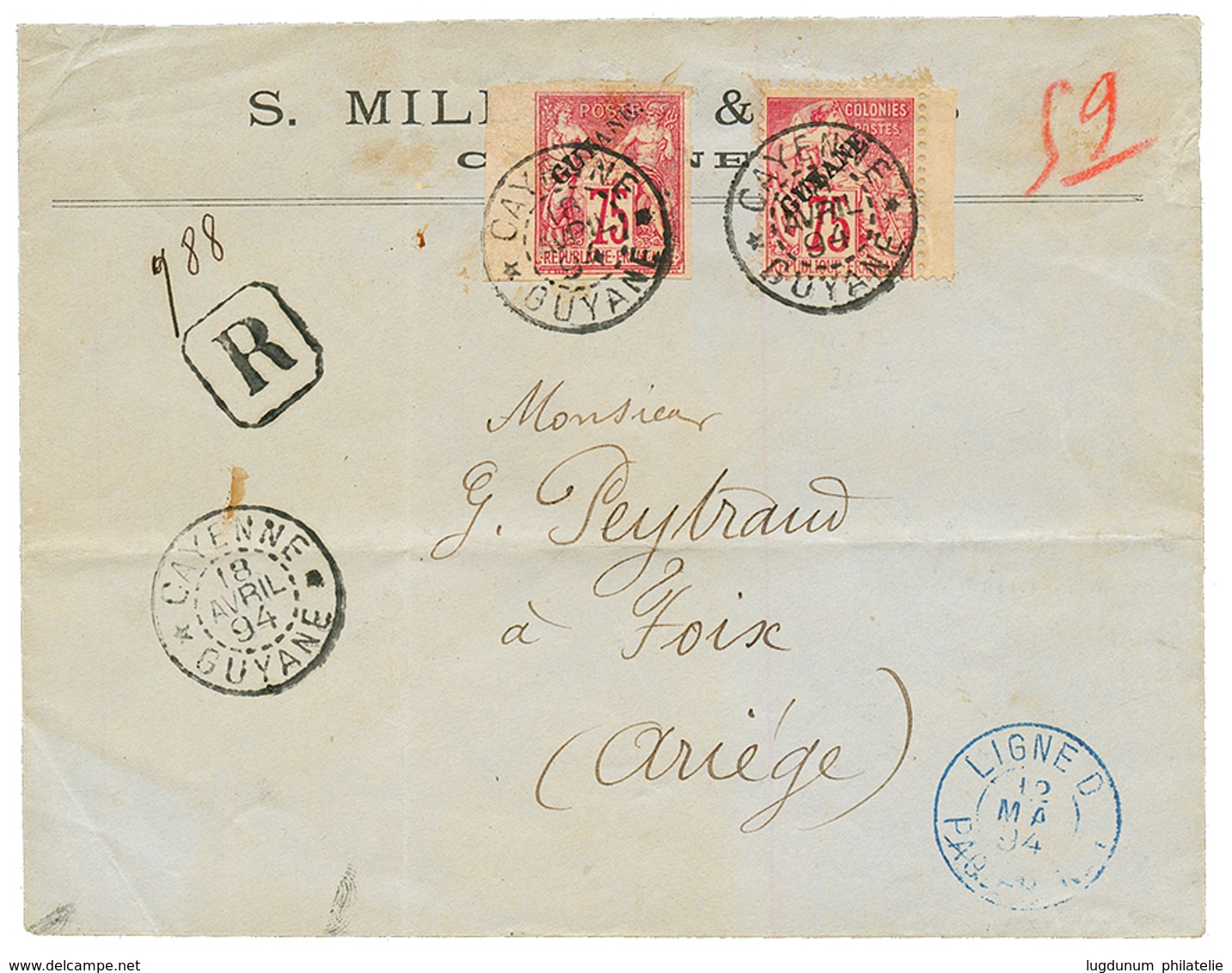 GUYANE : 1894 75c (n°14) + 75c (n°27) Obl. CAYENNE Sur Enveloppe RECOMMANDEE Pour La FRANCE. Combinaison RARE. TTB. - Altri & Non Classificati