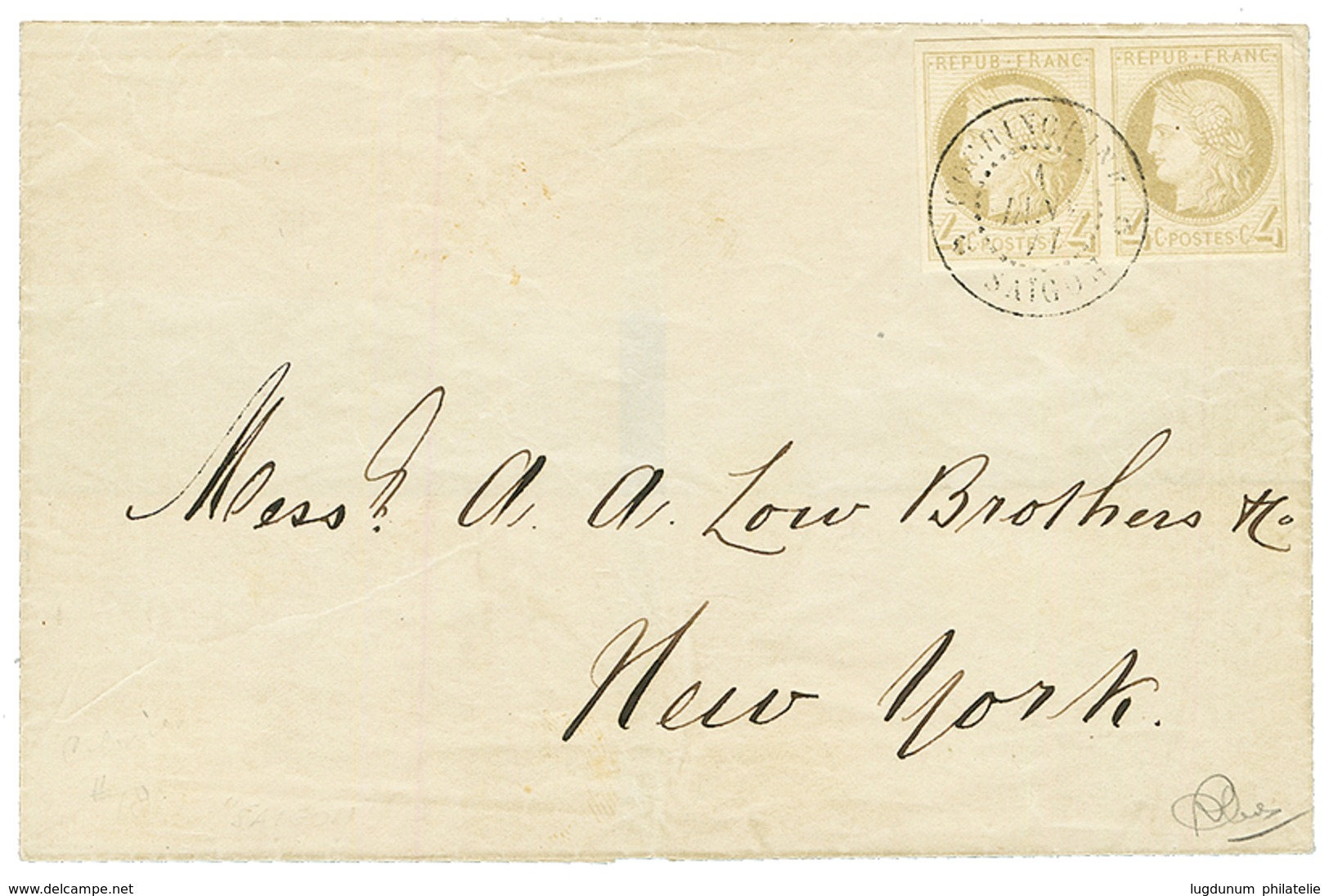 INDOCHINE : 1877 COLONIES GENERALES Magnifique Paire Du 4c CERES (n°16) Obl. COCHINCHINE SAIGON Sur Lettre Pour NEW YORK - Other & Unclassified