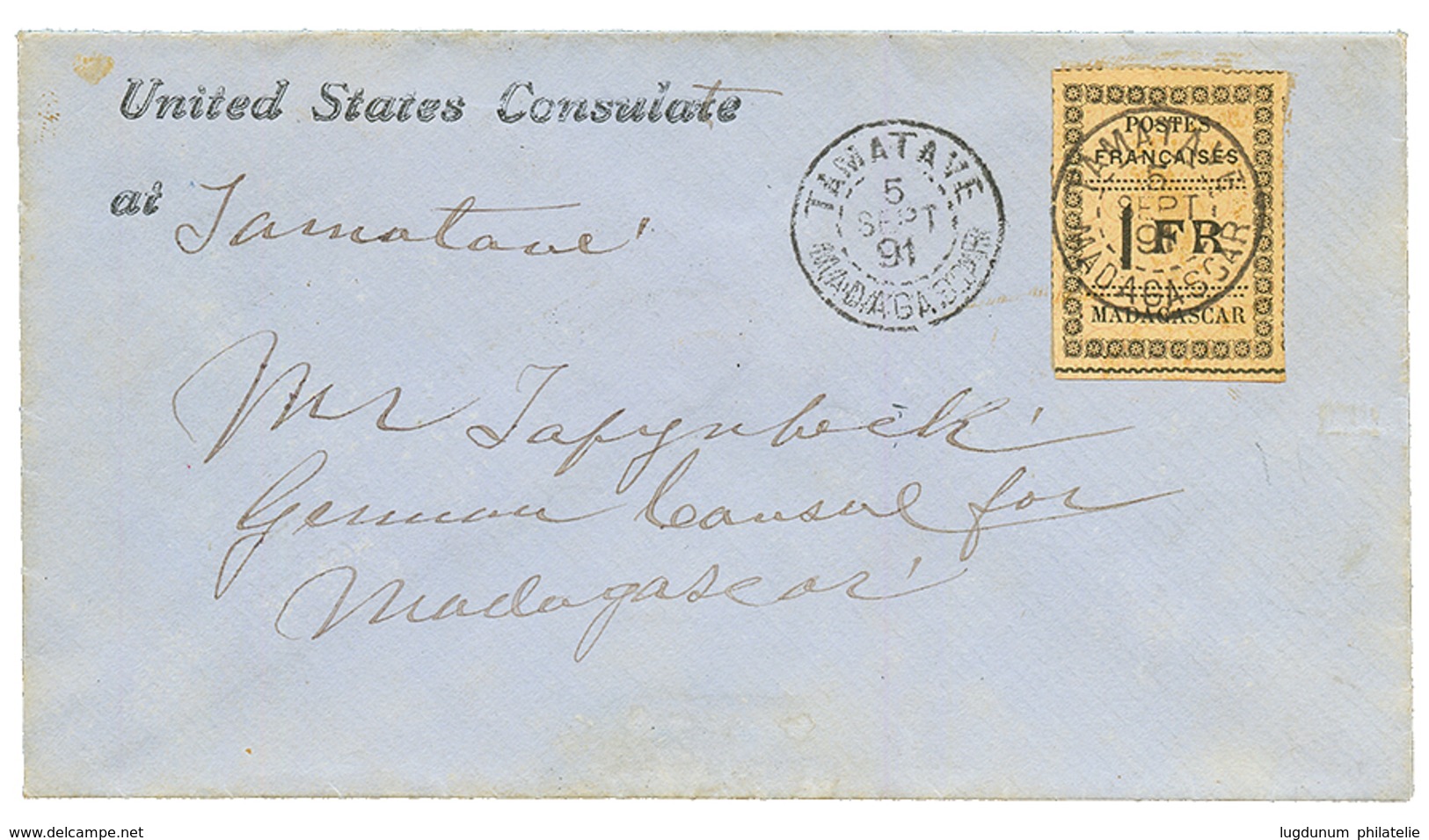 1891 1F (n°12) Obl. TAMATAVE Sur Enveloppe "UNITED STATES CONSULATE At TAMATAVE" Pour Le CONSULAT ALLEMANT à MADAGASCAR. - Autres & Non Classés