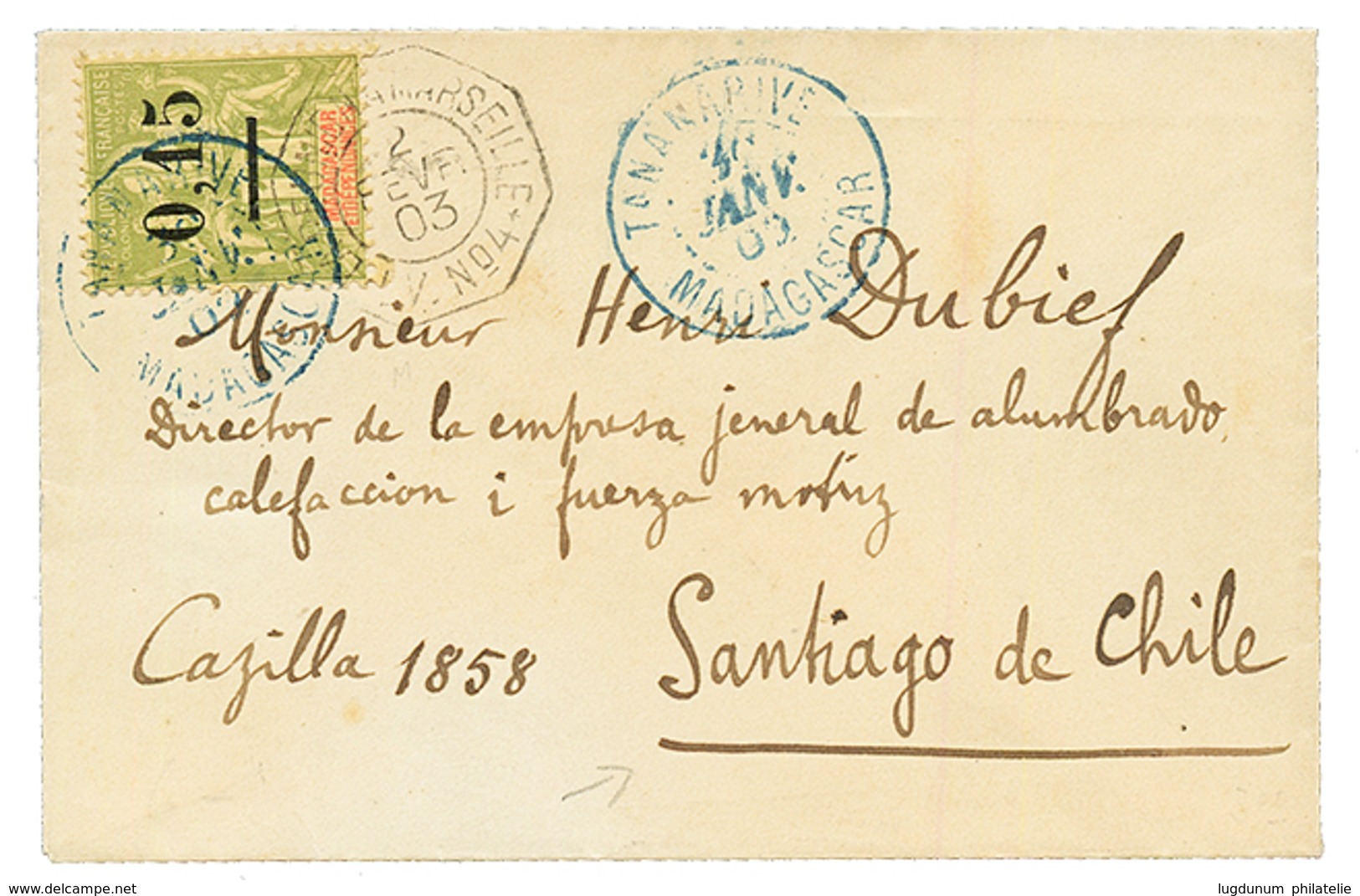 MADAGASCAR Pour Le CHILI : 1903 0,15c S/ 1F Obl. TANANARIVE Sur Enveloppe Pour SANTIAGO Du CHILI. TTB. - Altri & Non Classificati