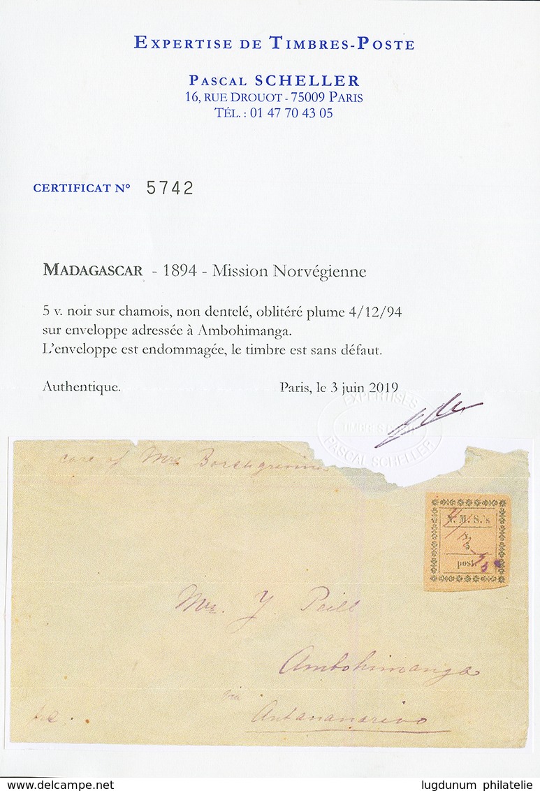 MADAGASCAR - MISSIONNAIRES NORVEGIENS 1894 5v Noir S/ Chamois TB Margé Obl. Plume "4/12/94 Sur Enveloppe (défaut En Haut - Autres & Non Classés