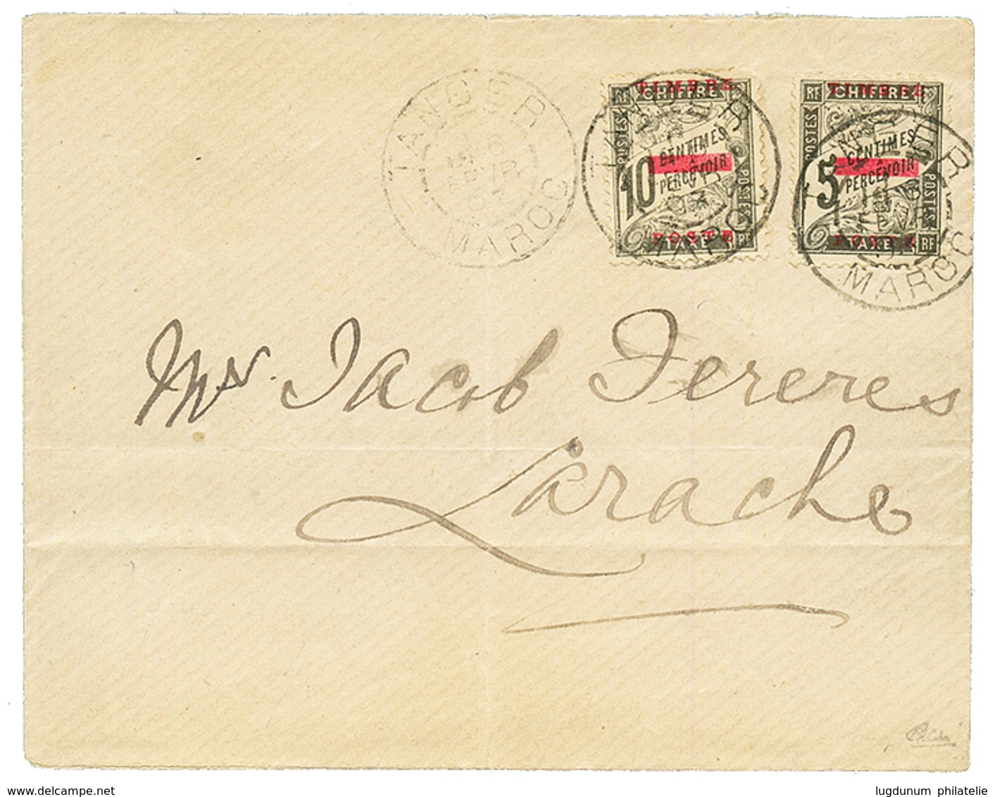 MAROC : 1893 N°9 + N°10 Obl. TANGER Sur Enveloppe Pour LARACHE. Angle Supérieur Droit Des 2 Timbres Arrondi. Cote Des Ti - Other & Unclassified