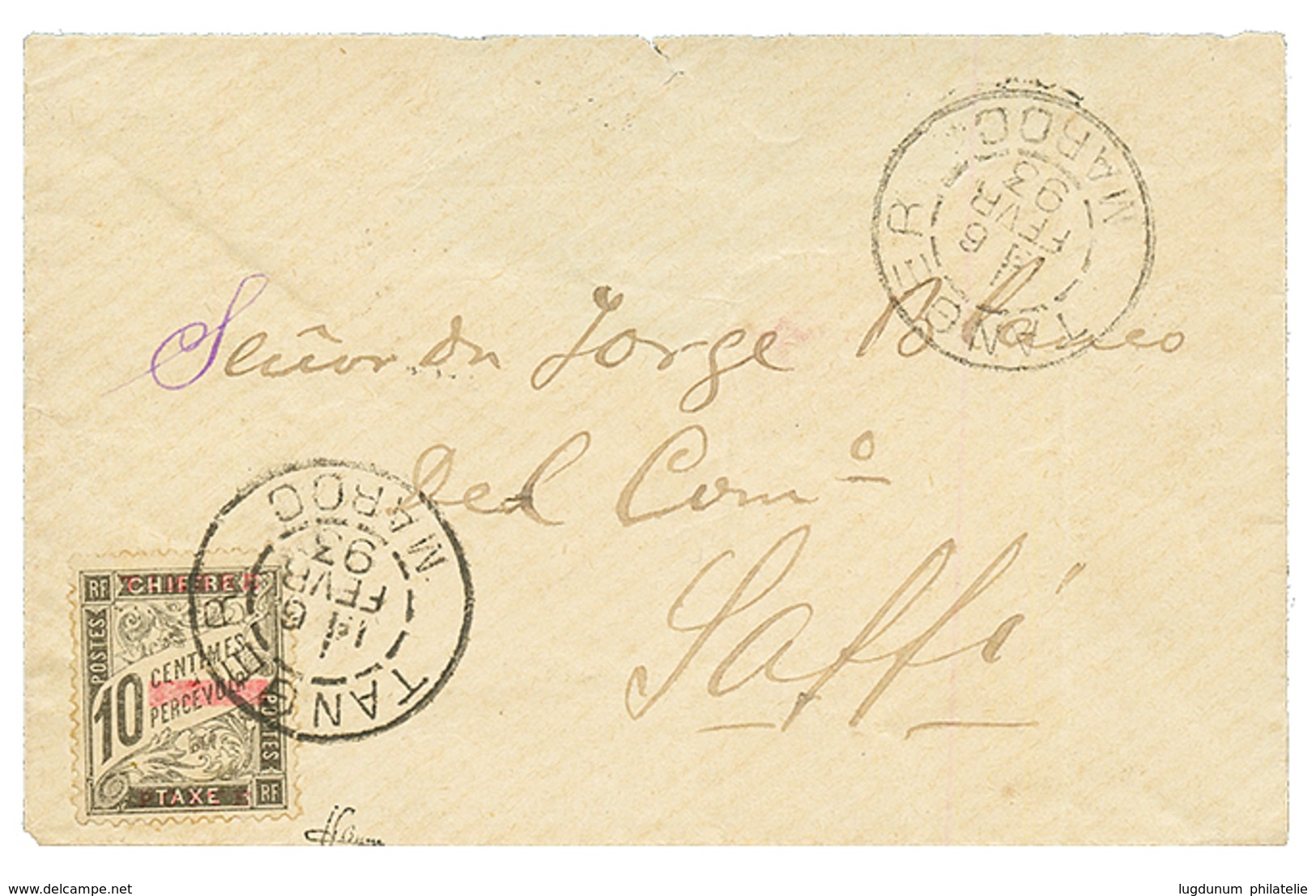 MAROC : 1893 10c (n°9) Obl. TANGER Sur Enveloppe Pour SAFFI. Cote Détaché = 1300€. Tirage 600. Signé BRUN. Superbe. - Other & Unclassified