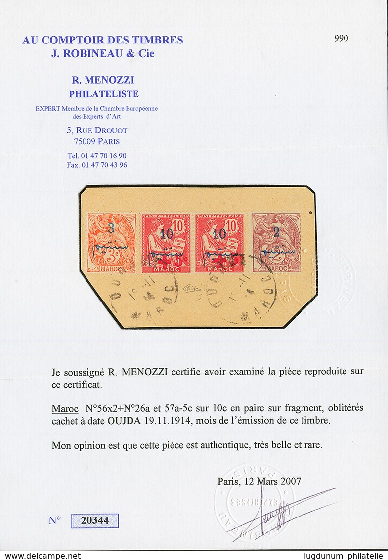 MAROC - Tirage De OUTJA : Paire N°56 + N°26+ N°27 Obl. OUTJA Sur Fragment. Cote 2800€. RARE. Signé CALVES & Certificat R - Other & Unclassified